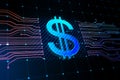 Business finance and money exchange concept with blue digital graphic dollar icon between circuit lines on abstract dark