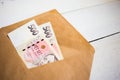 business, finance, saving, banking concept - close up bundle of money Czech koruna in envelope on wooden table