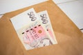 business, finance, saving, banking concept - close up bundle of money Czech koruna in envelope on wooden table
