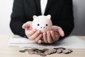 business finance and saving money investment for buying a home, Money coin stack with piggy bank saving concept.