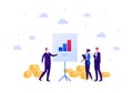 Business finance teamwork concept. Vector flat person illustration. Businessman make presentation to people of different ethnics. Royalty Free Stock Photo