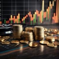 Business finance theme Coins, trading graph, financial investment concept Royalty Free Stock Photo