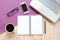 Top view or flat lay of office table desk work space with blank notebook, smart phone, computer laptop and coffee Royalty Free Stock Photo