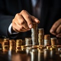 Business and financial concept businessman stacks coins with creative hand