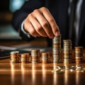 Business and financial concept businessman stacks coins with creative hand