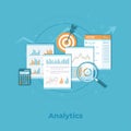 Business financial data analytics. Analysis, statistics, audit reporting. Documents with graphs, charts. Business vector