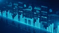 Business and financial investment strategy, Futuristic data analytics dashboard with glowing blue bar charts, pie graphs, and