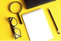 Business and finanse concept with notebook, magnifier, pen and black glasses on yellow background for your design