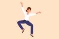 Business flat cartoon drawing happy businesswoman jump with both hands raised. Worker celebrates salary increase and benefits from Royalty Free Stock Photo