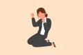 Business flat cartoon drawing happy businesswoman kneeling with gesture of both hands yes. Worker celebrates salary increase from