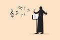 Business flat cartoon style character drawing back view Arab woman conductor performing on stage, female musician directing