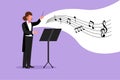 Business flat cartoon style draw woman conductor. Female musician perform on stage directing symphony orchestra. Classical music