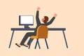 Business flat cartoon style drawing back view of happy businesswoman completed task and triumphing with raised hands on desk, Royalty Free Stock Photo