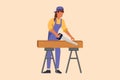 Business flat cartoon style drawing builder or carpenter repairwoman sawing boards. Building, construction, repair services. Real