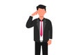 Business flat cartoon style drawing of businessman holding or touching finger on forehead. Thoughtful male manager thinking and