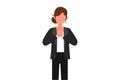 Business flat cartoon style drawing businesswoman in closed eye praying hands together. Trendy person holding palms in prayer.