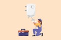 Business flat cartoon style drawing cute repairwoman or plumber in overalls installing water heater or boiler. Home repair,