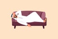 Business flat cartoon style drawing depressed Arab businessman tired resting on sofa. Frustrated worker holding head lying on sofa
