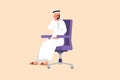 Business flat cartoon style drawing depressed Arabian businessman sitting on chair thinking about money for paying bills during