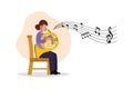 Business flat cartoon style drawing female musician performing classic melody on French horn. Instrumentalist playing music on