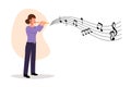 Business flat cartoon style drawing female musician playing flute. Flutist performing classical music on wind instrument. Solo