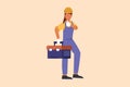 Business flat cartoon style drawing handywoman plumber standing and holding tools box. Professional repairwoman in overalls ready