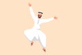 Business flat cartoon style drawing happy Arab businessman jump with both hands raised. Salesman celebrates salary increase and