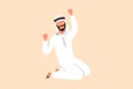 Business flat cartoon style drawing happy Arab businessman kneeling with raised one hand high and raised other. Male manager