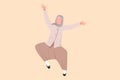 Business flat cartoon style drawing happy Arabian businesswoman jump with raised hand. Worker celebrates salary increase and