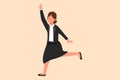 Business flat cartoon style drawing happy businesswoman jumping with spreads both legs and raises one hand. Worker celebrate