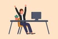 Business flat cartoon style drawing happy businesswoman sitting with raised hands near table and computer. Worker celebrates Royalty Free Stock Photo