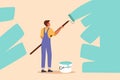 Business flat cartoon style drawing painter decorator repairman at work. Man repair worker holding paintbrush roller, painting