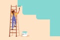 Business flat cartoon style drawing painter standing on ladder paints wall. Handywoman holding paint roller. Repairwoman provide