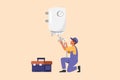 Business flat cartoon style drawing repairman or plumber in overalls installing water heater or boiler. Home repair, maintenance