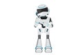 Business flat cartoon style drawing robot holding hand on cheek with crossed hand. Bored or tired robot keeping hand on face.