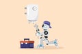 Business flat cartoon style drawing robot plumber installing water heater or boiler. Home repair, maintenance plumbing services.