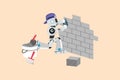 Business flat cartoon style drawing robot repair worker laying ceramic wall tile. Professional tiler working tiling at home. Robot