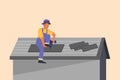 Business flat cartoon style drawing roofer installing wooden or bitumen shingle. Roofer man fixing house roof with electric