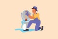 Business flat cartoon style drawing toilet cleaning, plumbing service. Plumbing toilet leakage, clogging, plumber repair tools. Royalty Free Stock Photo