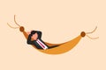 Business flat cartoon style drawing young businessman is lying in hammock and dreaming about big money. Comfort, vacation, and
