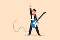 Business flat cartoon style drawing young male musician plays electric guitar. Man practicing in playing guitar. Guitarist perform