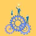 Business flat design teamwork vector with a businessman inventing an idea and standing on cogwheels with his colleagues.