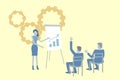 Business flat design vector with a businesswoman showing her colleagues teamwork and growth strategies on a flipchart.