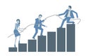 Business flat design vector growing chart with a leader helping colleagues to climb on top.