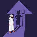 Business flat drawing Arabian businessman with devil of shadow. Evil worker facing his devil shadow on the wall. Bad character