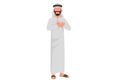 Business flat drawing of Arabian businessman with pleased expression keeps hand on chest, impressed by good words of gratitude.