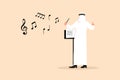 Business flat drawing back view of Arabian man conductor standing and performing on stage. Male musician directing classic