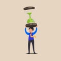 Business flat drawing businessman lifting weights in form giant hourglass. Male manager hold sandglass over his head. Business