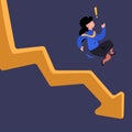 Business flat drawing businesswoman fall down chart. Young female manager bankrupt falling down from arrow. Economic failure