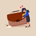 Business flat drawing businesswoman hugs briefcase with money, bonus at work. New position and salary. First paycheck. Happy Royalty Free Stock Photo